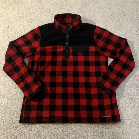 Eddie Bauer Fleece Pullover Sweater 1/4 Snap Large Red Black Buffalo Check - Picture 1 of 8